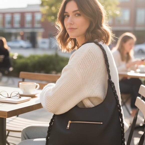 Urban Expressions Black Hobo Bag - Braided Shoulder Strap - Vegan Leather - Picture 2 of 10